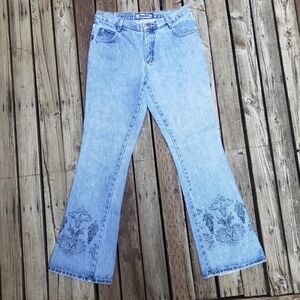Vintage Liquid Blue Jeans With Floral Design With Wear - Size 11